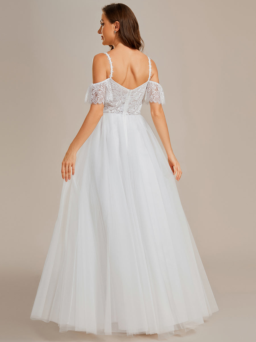 Robe de mariée romantique en dentelle transparente avec corsage et bretelles spaghetti à manches courtes en tulle#Couleur_Blanc