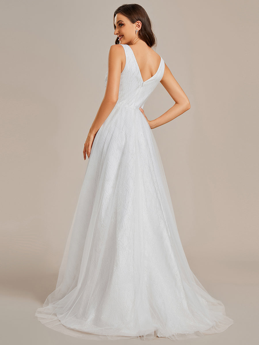 Robe de mariée trapèze classique en tulle plissé pailleté à double col en V avec tra?ne#Couleur_Blanc