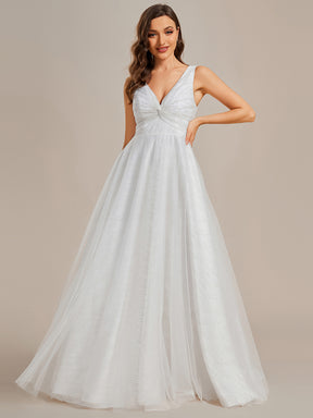 Robe de mariée trapèze classique en tulle plissé pailleté à double col en V avec