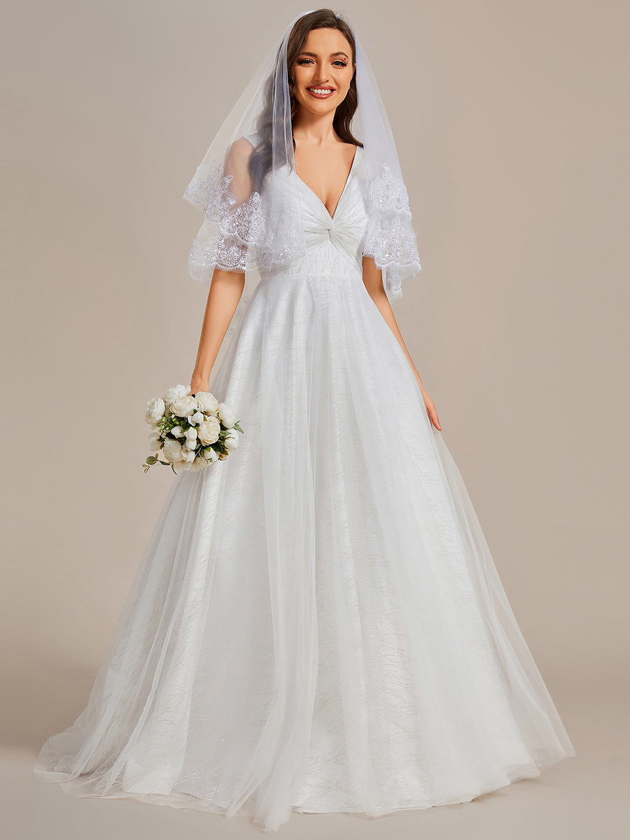 Robe de mariée trapèze classique en tulle plissé pailleté à double col en V avec