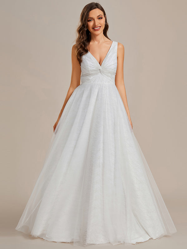 Robe de mariée trapèze classique en tulle plissé pailleté à double col en V avec