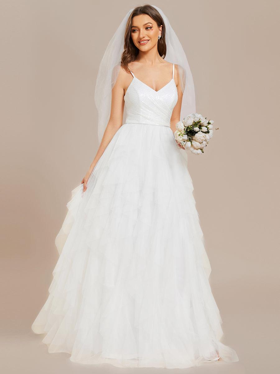 Robe de mariée en tulle scintillante à col en V et bretelles spaghetti #Couleur_Blanc