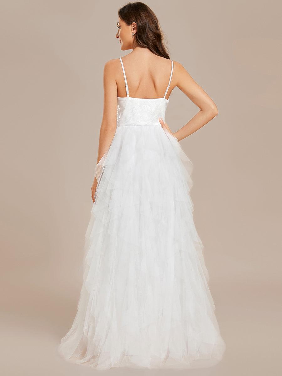 Robe de mariée en tulle scintillante à col en V et bretelles spaghetti #Couleur_Blanc