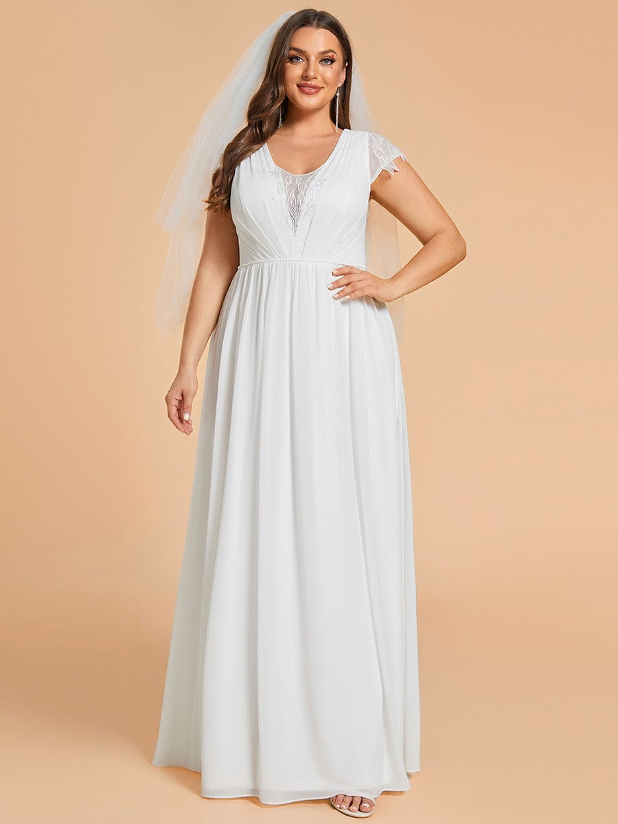 Robes de mariée grande taille à col en V et en mousseline plissée à manches courtes #Couleur_Blanc