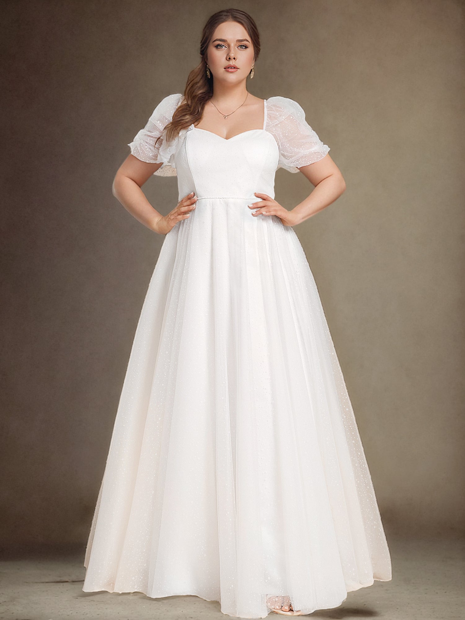Robe de mariée trapèze à manches courtes de grande taille avec chérie #Couleur_Blanc