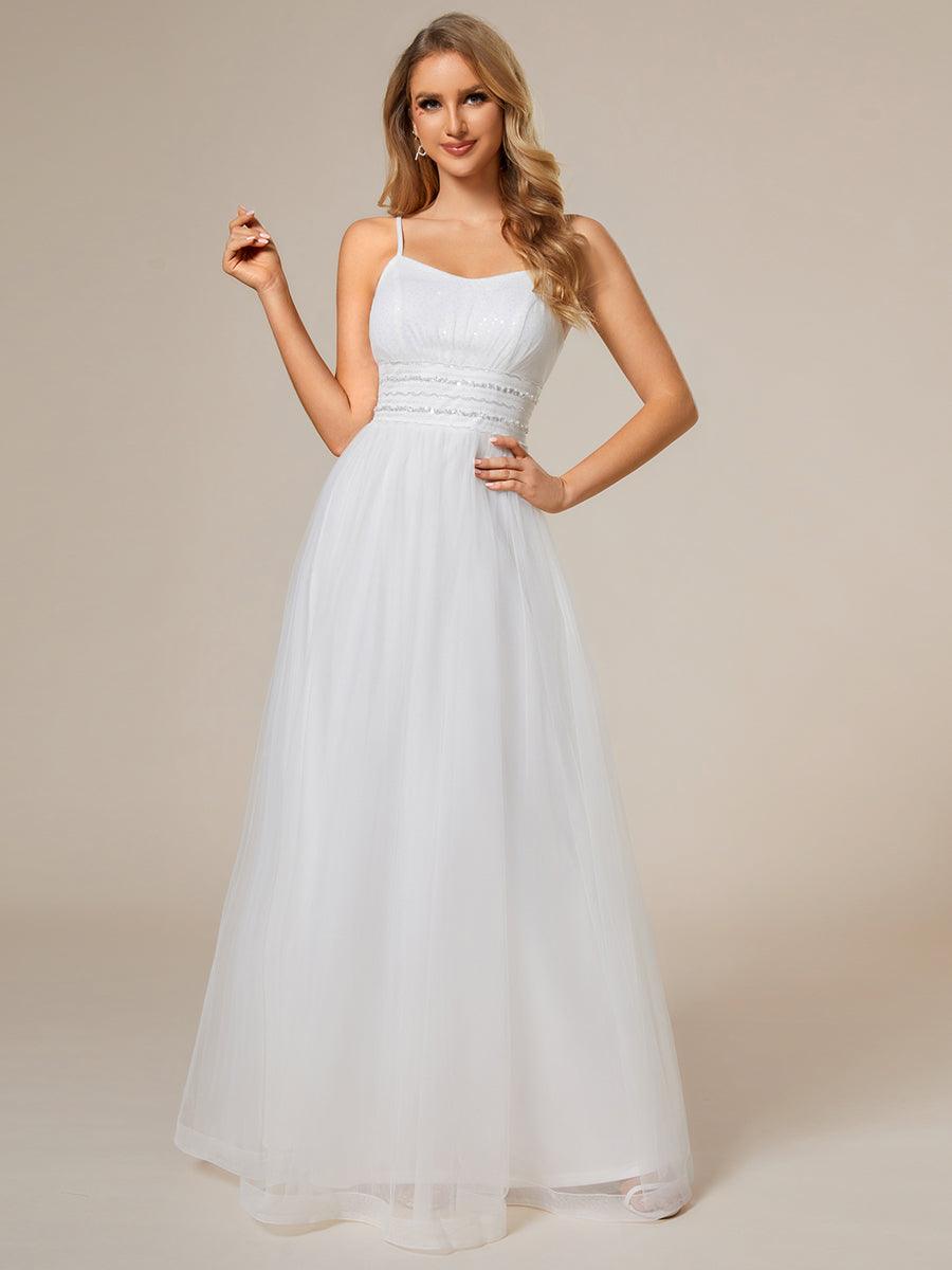 Color=Blanc | Robe de mariée classique en tulle à bretelles spaghetti réglables avec chaîne à paillettes à la taille-Blanc 1