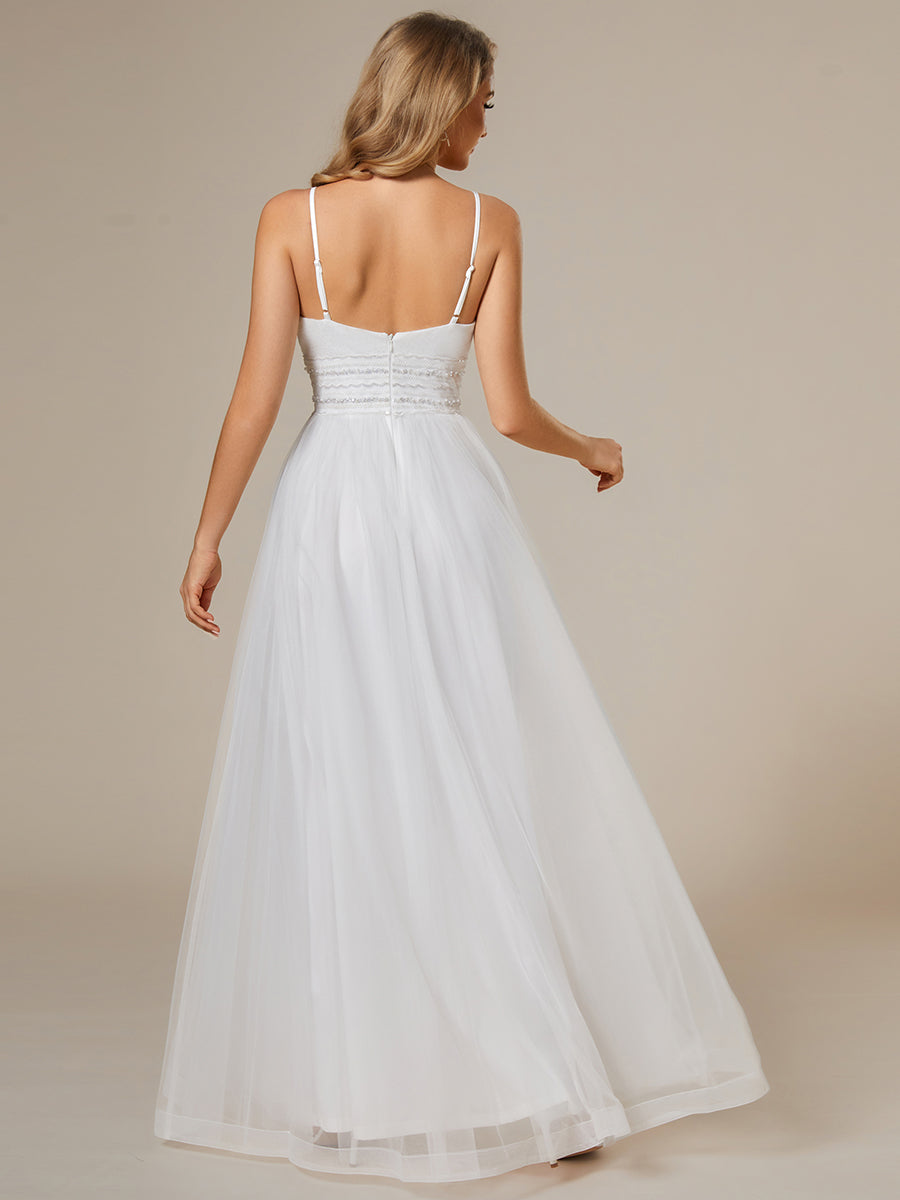 Color=Blanc | Robe de mariée classique en tulle à bretelles spaghetti réglables avec chaîne à paillettes à la taille-Blanc 2