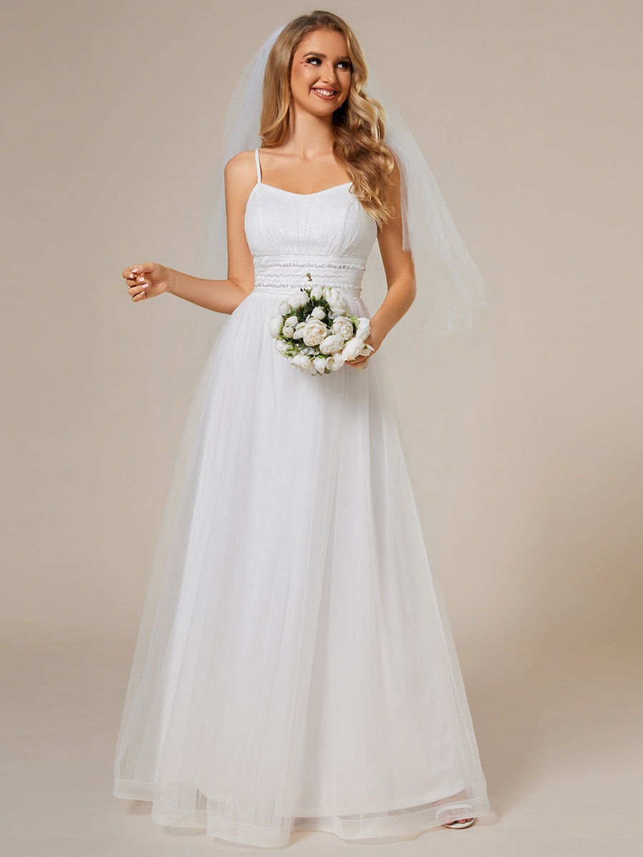 Color=Blanc | Robe de mariée classique en tulle à bretelles spaghetti réglables avec chaîne à paillettes à la taille-Blanc 4