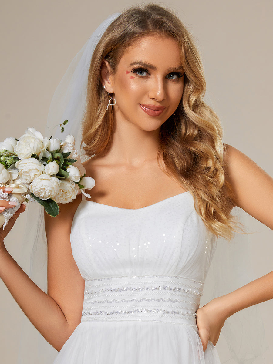 Color=Blanc | Robe de mariée classique en tulle à bretelles spaghetti réglables avec chaîne à paillettes à la taille-Blanc 3