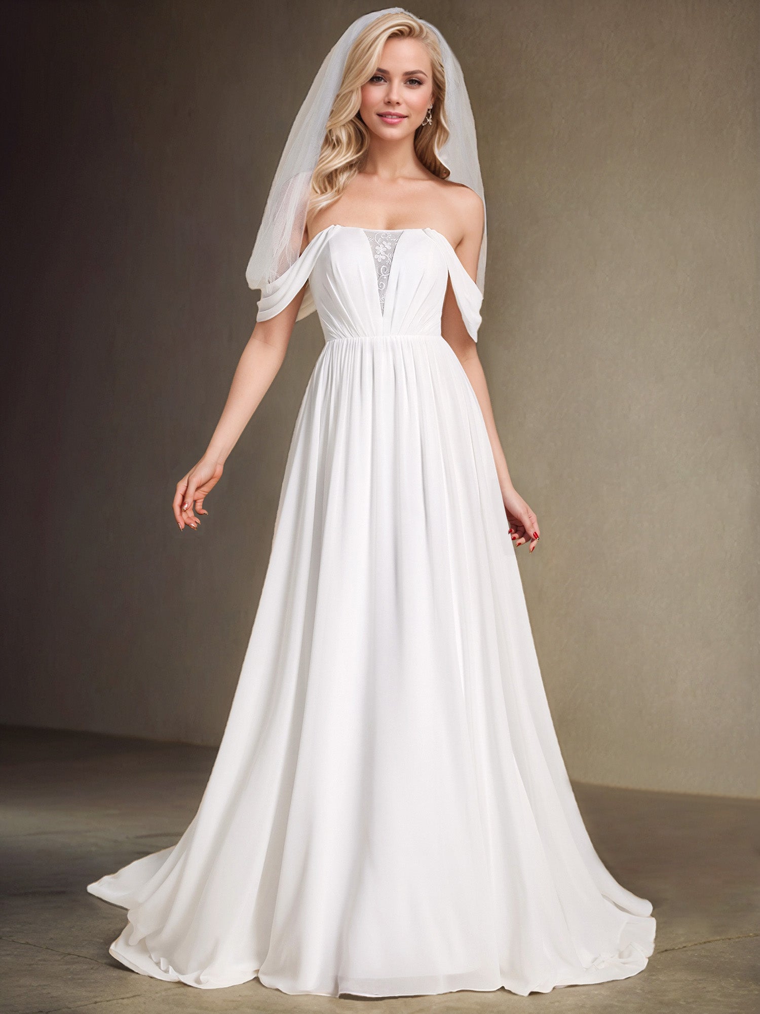 Robes de mariée trapèze en mousseline de soie avec dos corset et épaules dénudées #Couleur_Blanc