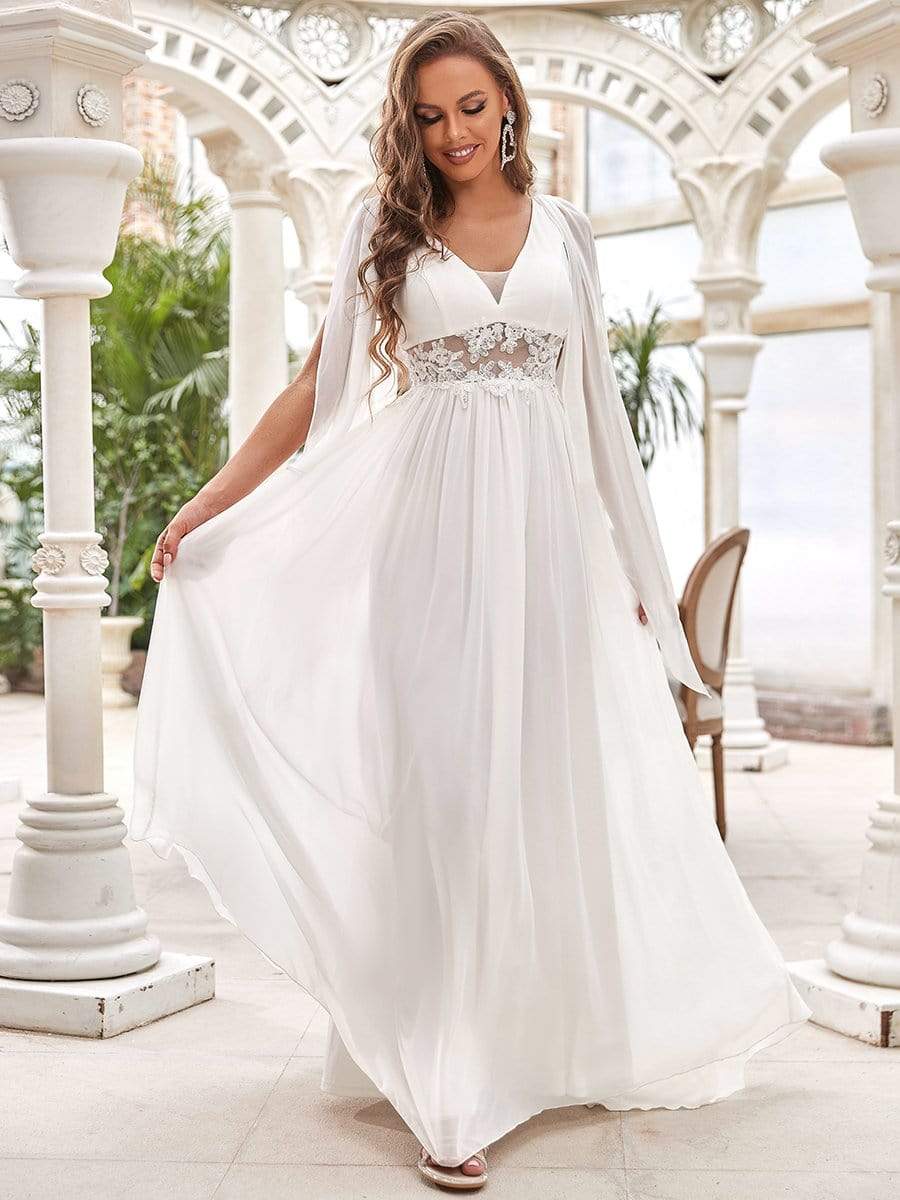 Taille personnalisée robe de mariée longue fendue avec appliques à col en V profond #couleur_Creme