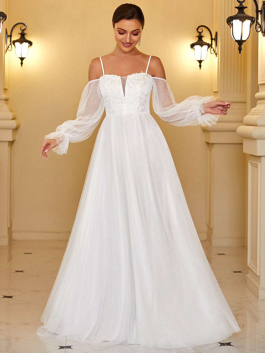 Robe de mariée maxi à épaules dénudées et manches bouffantes transparentes