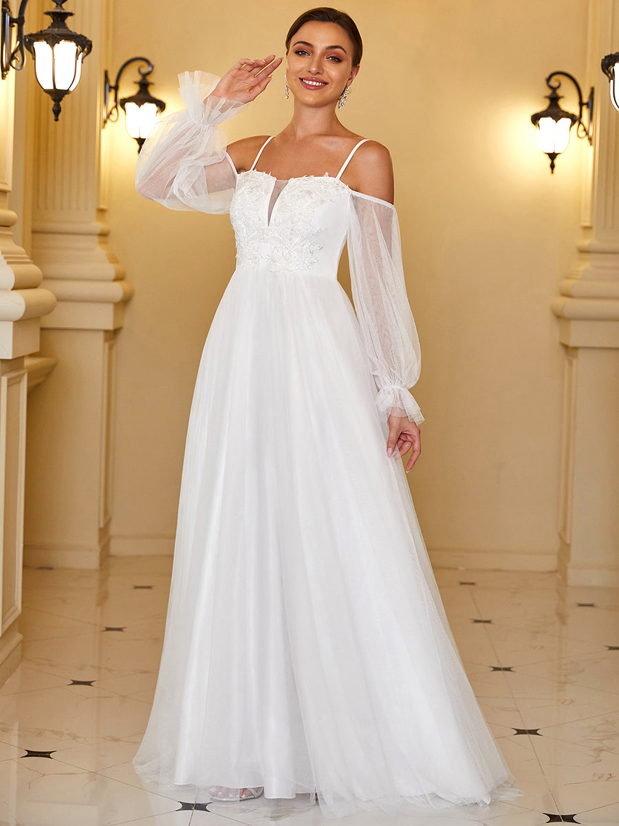 Robe de mariée maxi à épaules dénudées et manches bouffantes transparentes