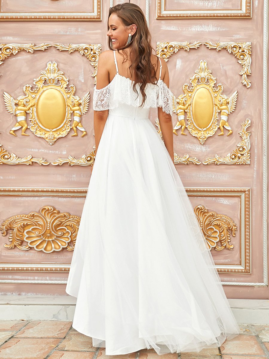 Taille Personnalisée Bretelles Spaghetti épaule Froide Robe De Mariée En Dentelle Haute Basse #couleur_Creme