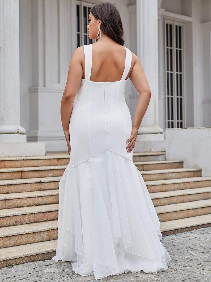 Robe de mariée en queue de poisson sans manches à col en V de grande taille #Couleur_Creme