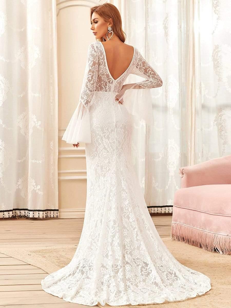 Robe de mariée romantique en dentelle sirène à dos en V #Couleur_Creme