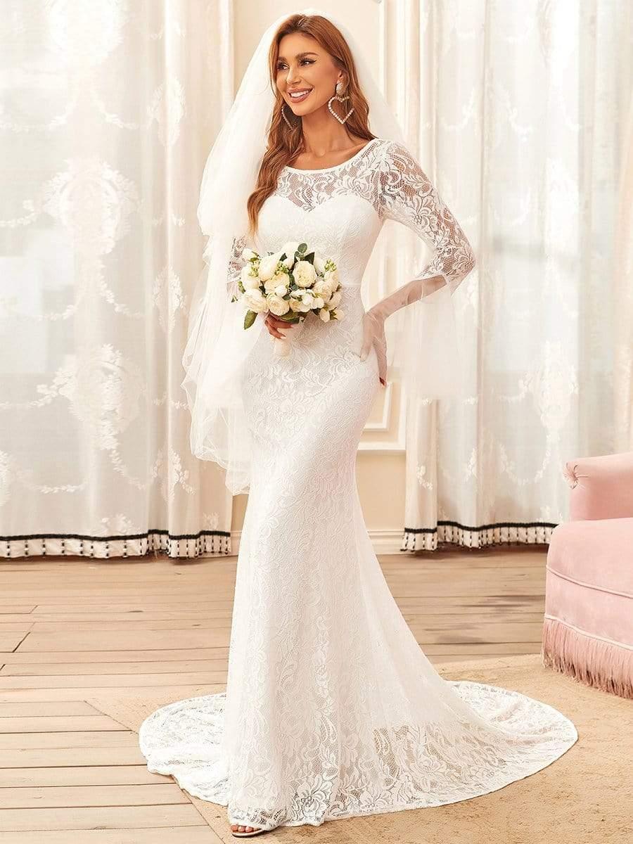 Robe de mariée romantique en dentelle sirène à dos en V #Couleur_Creme