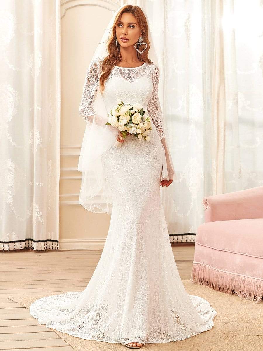 Taille personnalisée robe de mariée romantique en dentelle sirène à dos en V #couleur_Creme