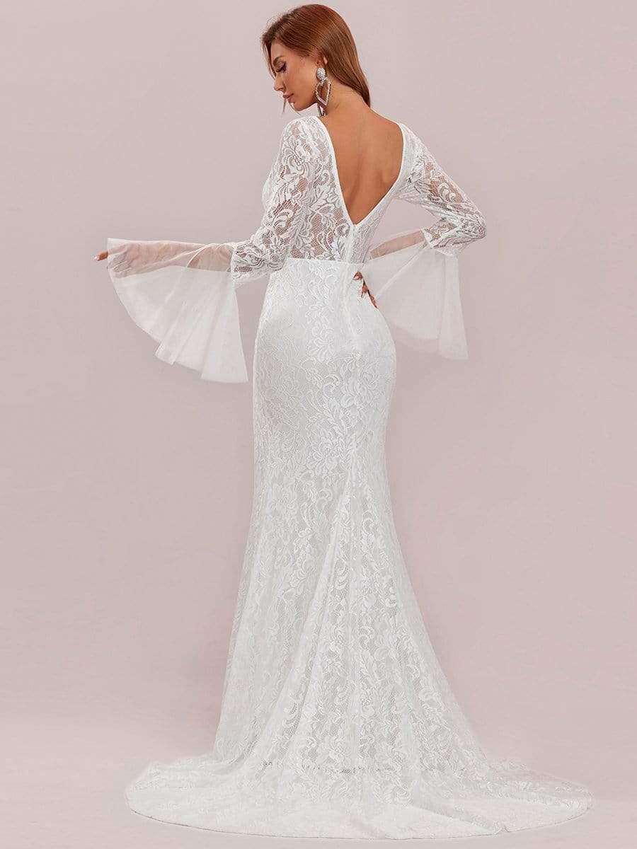 Robe de mariée romantique en dentelle sirène à dos en V #Couleur_Creme