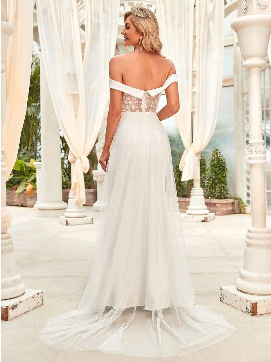 Robe de mariée ajustée et évasée avec appliques à épaules dénudées #Couleur_Blanc