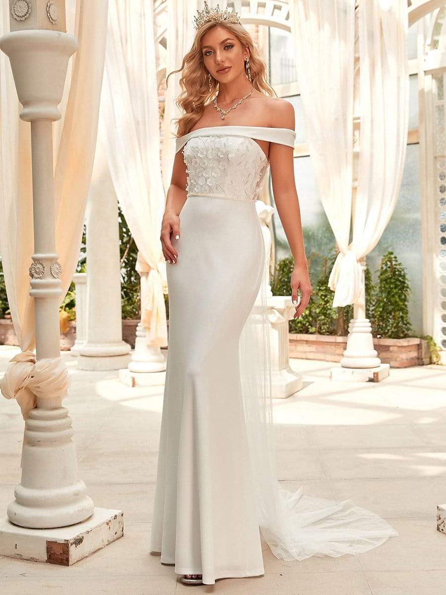 Robe de mariée ajustée et évasée avec appliques à épaules dénudées #Couleur_Blanc