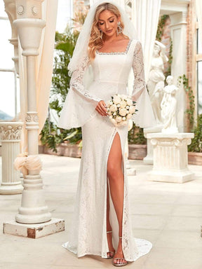 Robe de mariée fendue à manches longues et poignets cloche