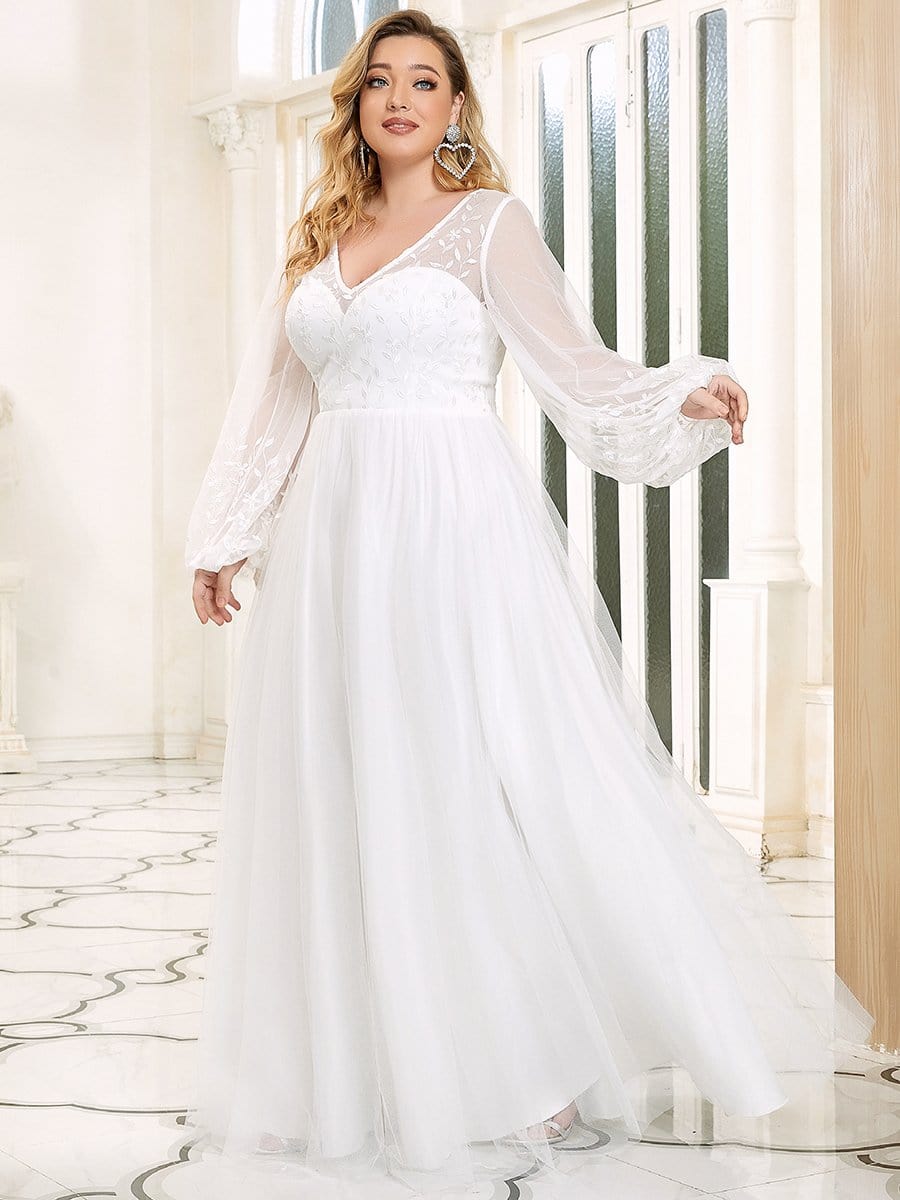 Color=Blanc | robe de mariée longueur au sol avec appliques à manches longues-Blanc 7