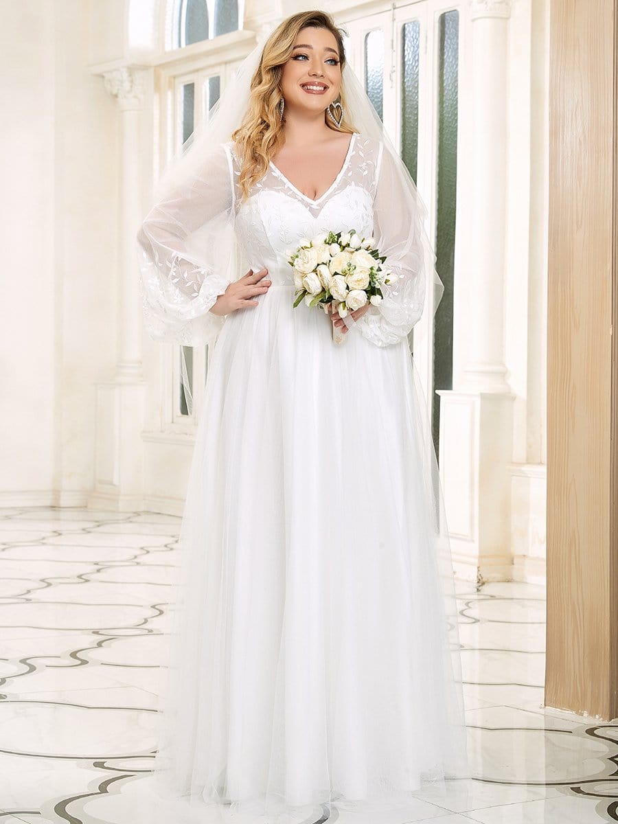 Color=Blanc | robe de mariée longueur au sol avec appliques à manches longues-Blanc 5