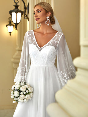 Color=Blanc | robe de mariée longueur au sol avec appliques à manches longues-Blanc 4