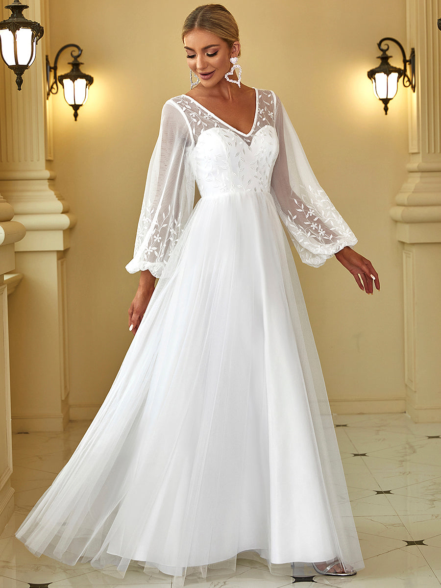 Color=Blanc | robe de mariée longueur au sol avec appliques à manches longues-Blanc 3