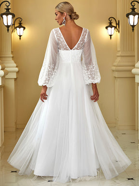 Color=Blanc | robe de mariée longueur au sol avec appliques à manches longues-Blanc 2
