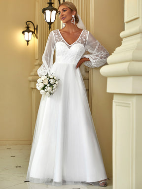Color=Blanc | robe de mariée longueur au sol avec appliques à manches longues-Blanc 1