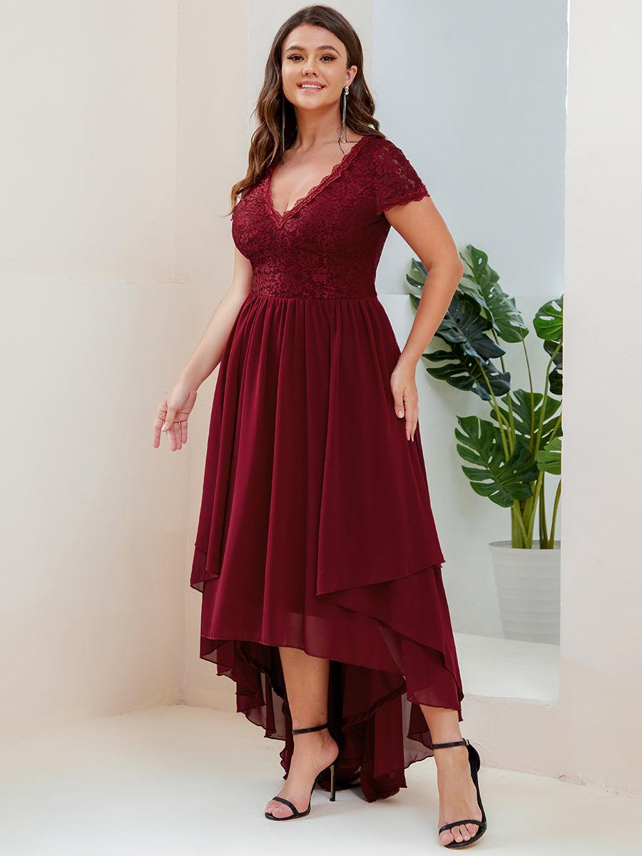 Robe de mère de la mariée à manches courtes avec rubans vintage Grande taille #Couleur_Bordeaux