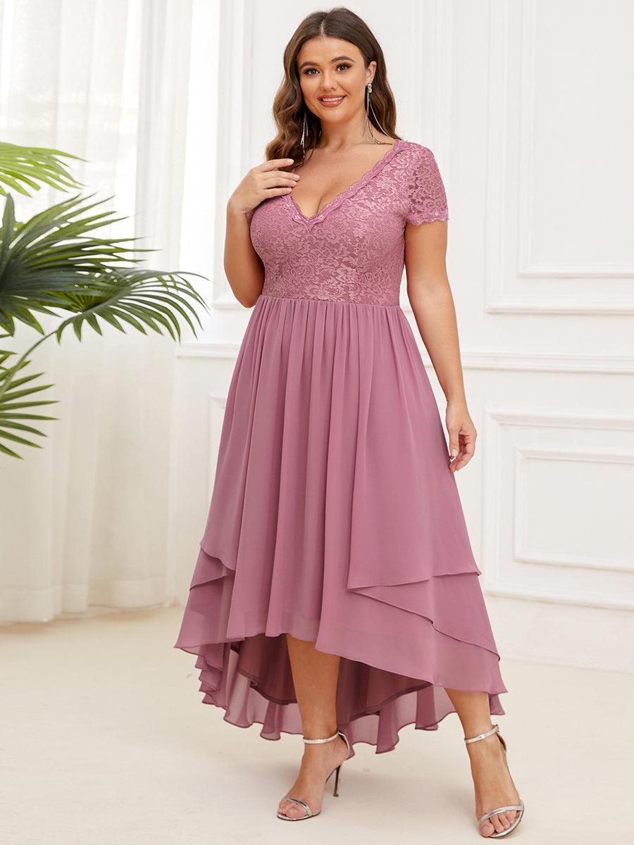 Robe de mère de la mariée à manches courtes avec rubans vintage Grande taille #Couleur_Orchidee