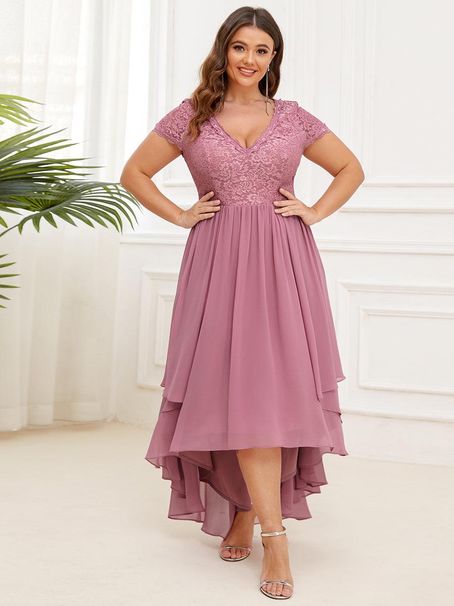 Robe de mère de la mariée à manches courtes avec rubans vintage Grande taille #Couleur_Orchidee