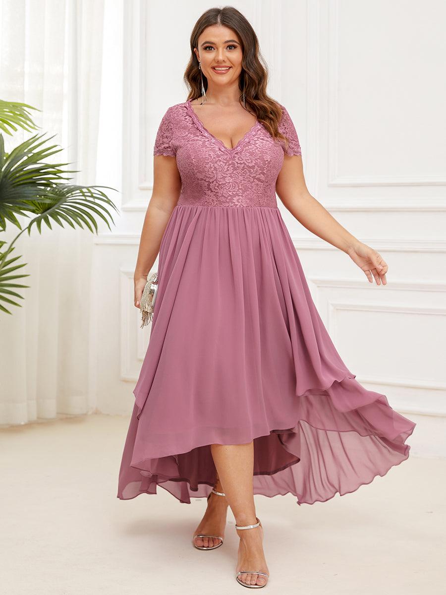 Robe de mère de la mariée à manches courtes avec rubans vintage Grande taille #Couleur_Orchidee