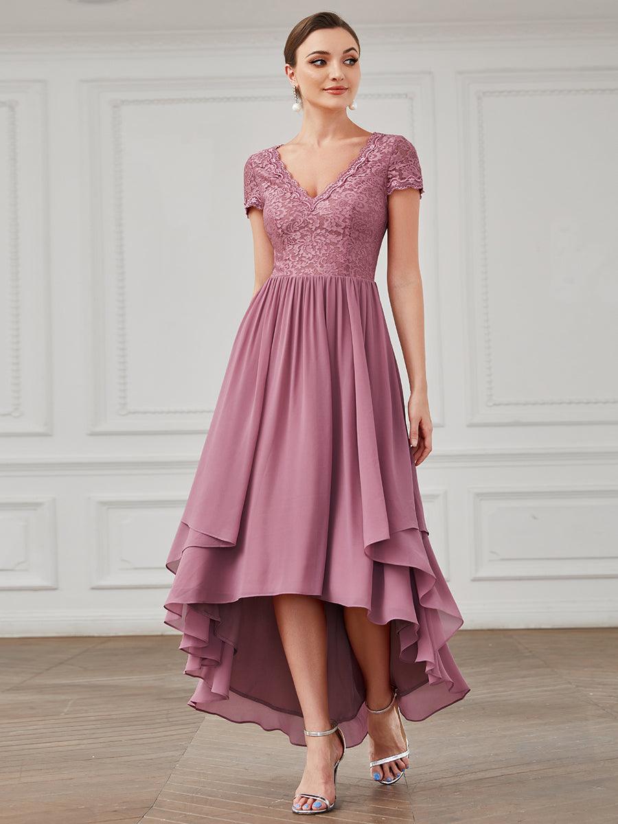 Robe de mère de la mariée à manches courtes avec rubans vintage et à manches courtes #Couleur_Orchidee