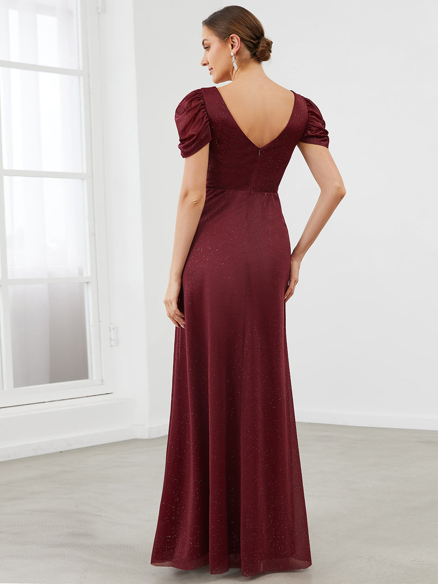 Color=Bordeaux | Robe mère de la mariée froncée à manches courtes avec appliques irisées-Bordeaux 2