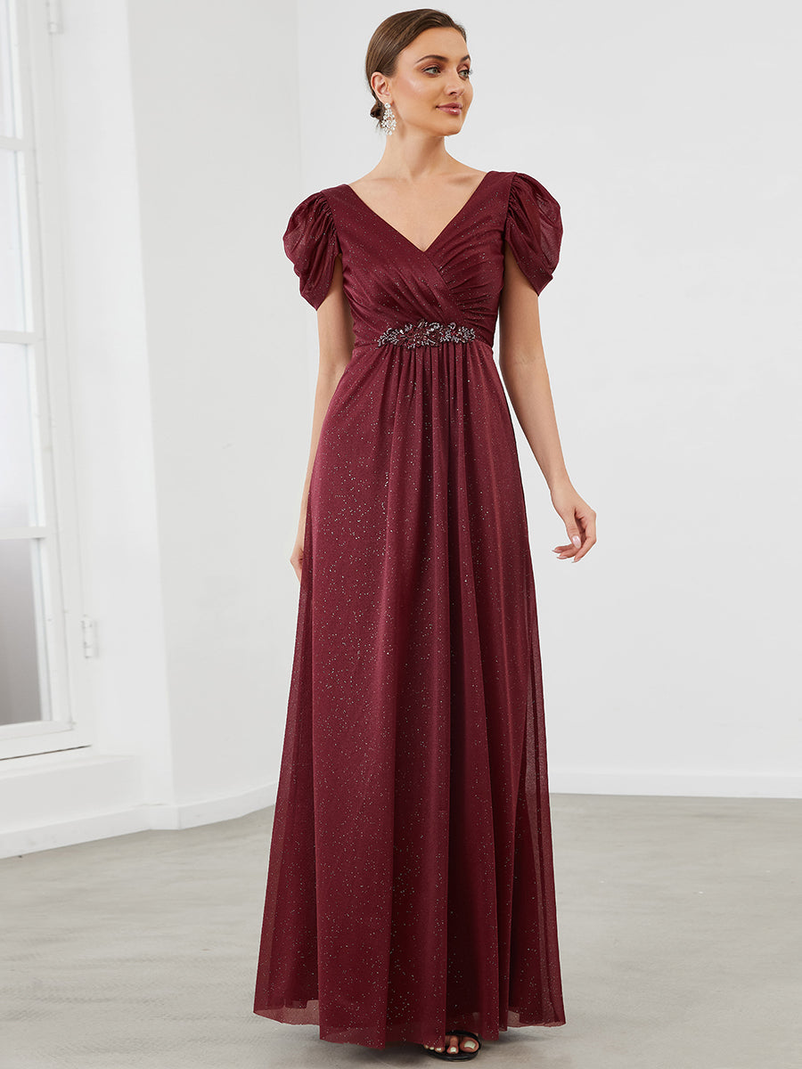 Color=Bordeaux | Robe mère de la mariée froncée à manches courtes avec appliques irisées-Bordeaux 3