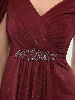 Color=Bordeaux | Robe mère de la mariée froncée à manches courtes avec appliques irisées-Bordeaux 5