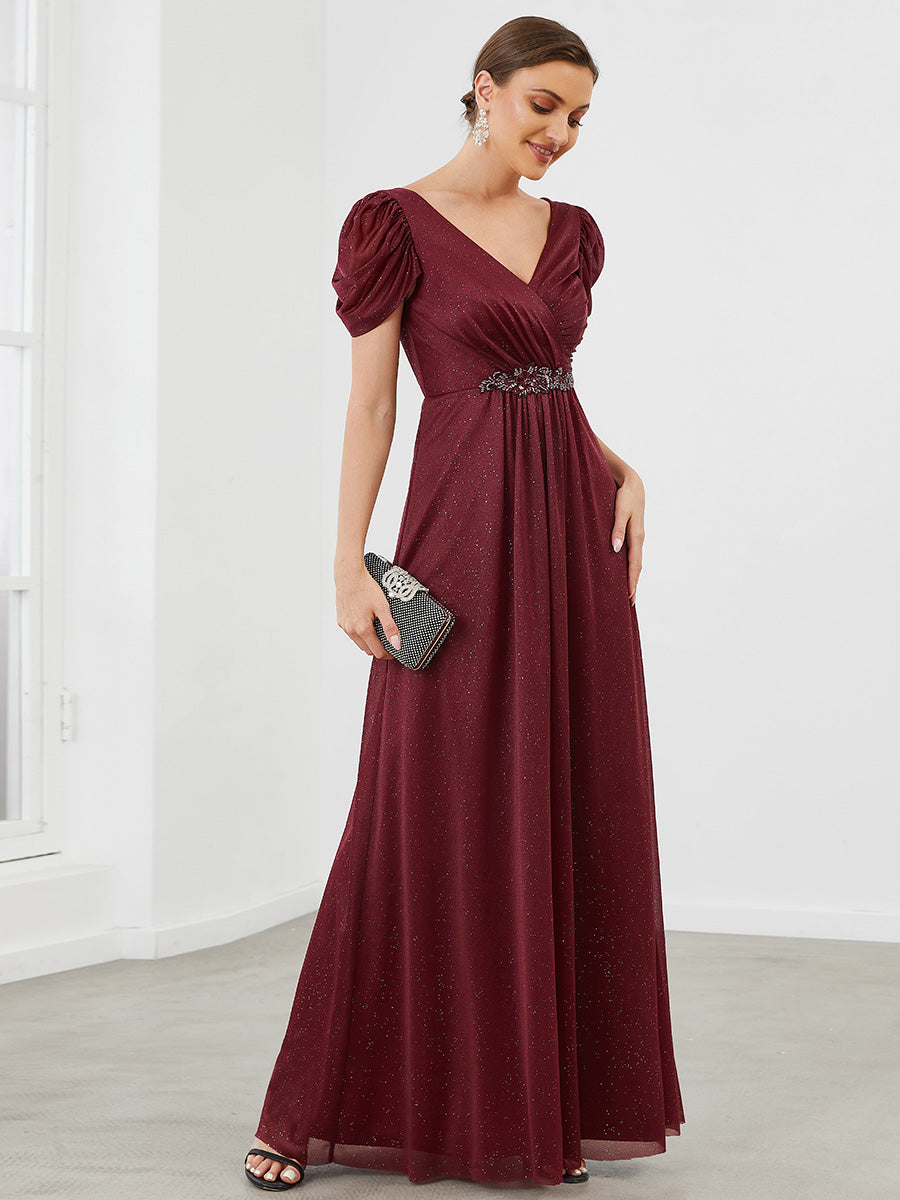 Color=Bordeaux | Robe mère de la mariée froncée à manches courtes avec appliques irisées-Bordeaux 4