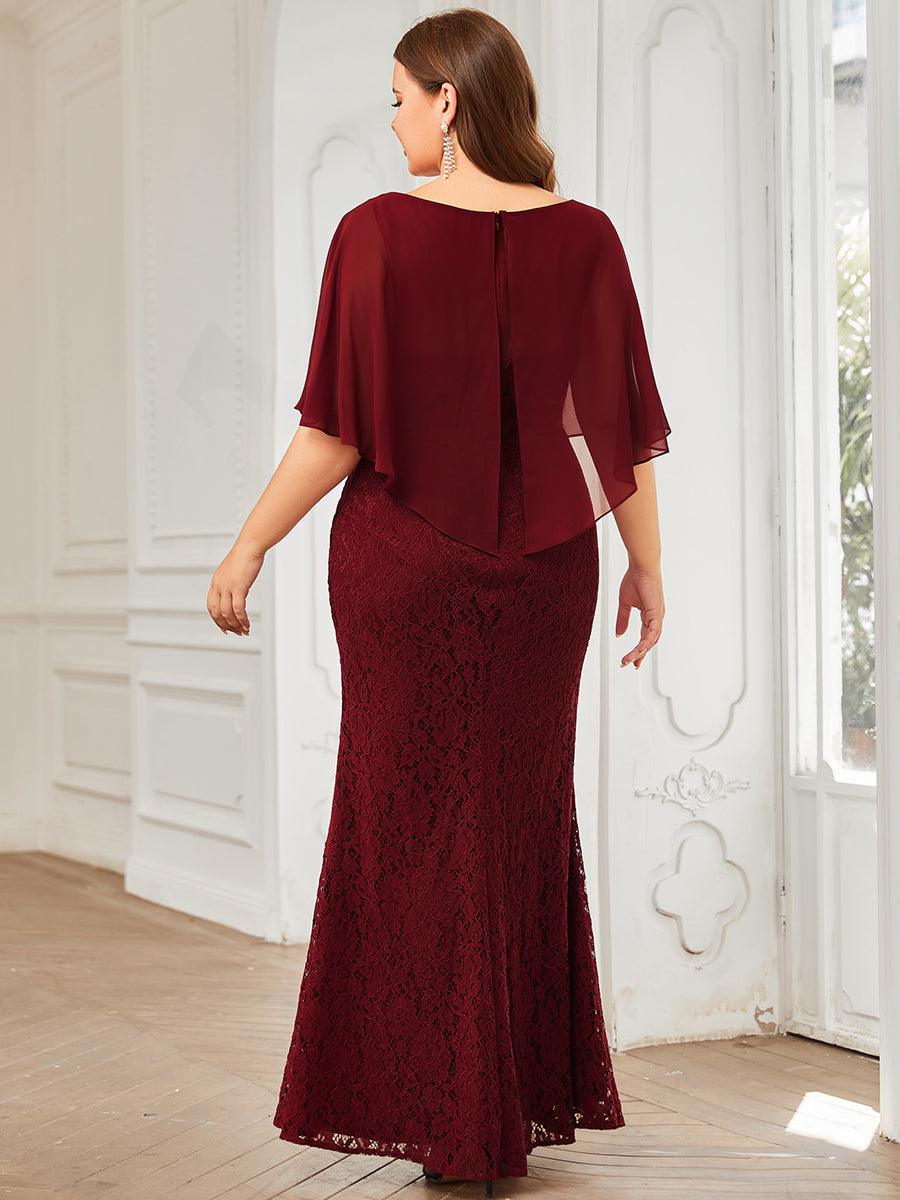 Robe de Mère de Mariée Ajustée et Évasée en Dentelle Capelet de Grande Taille #Couleur_Bordeaux