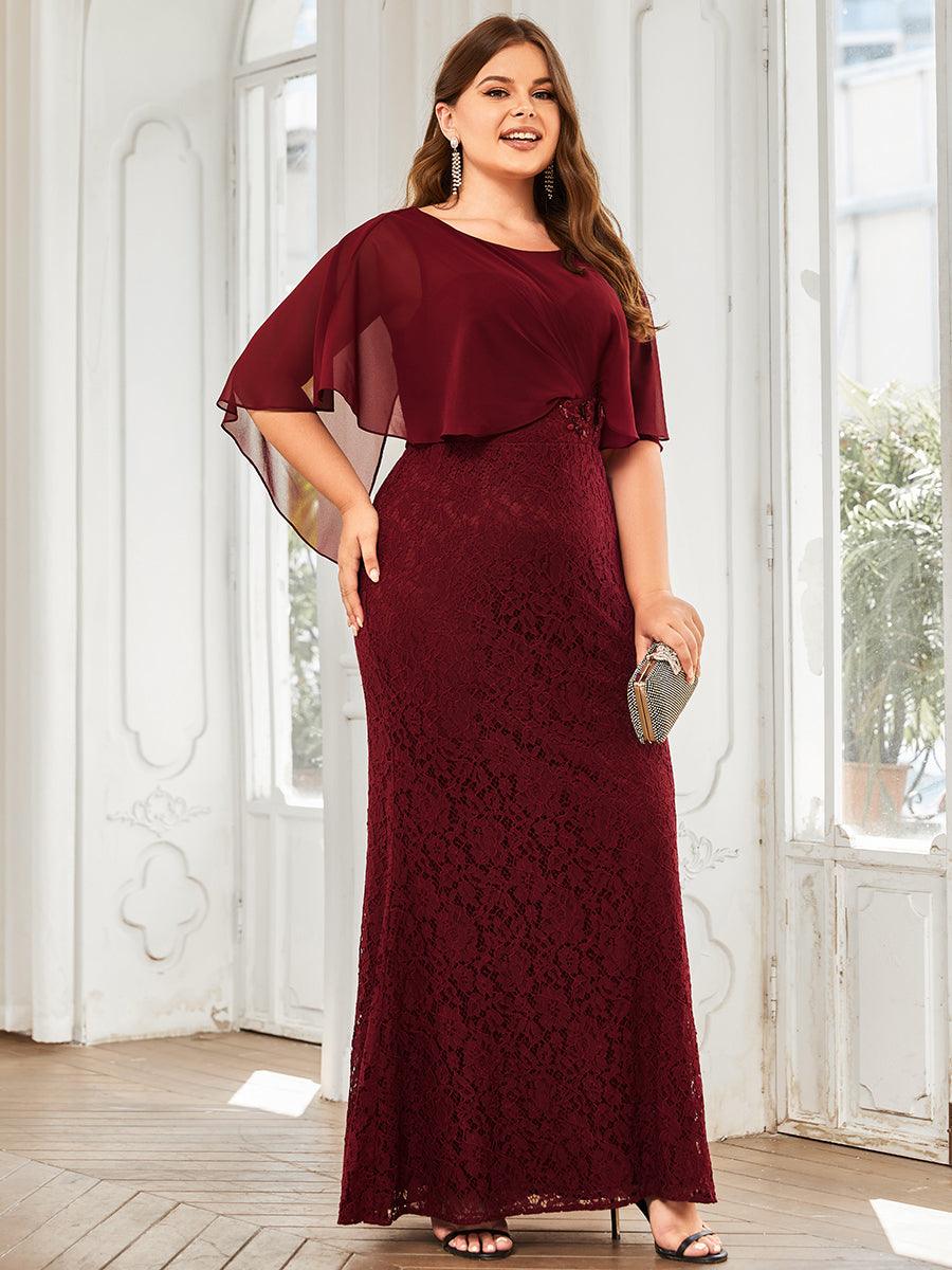 Robe de Mère de Mariée Ajustée et Évasée en Dentelle Capelet de Grande Taille #Couleur_Bordeaux