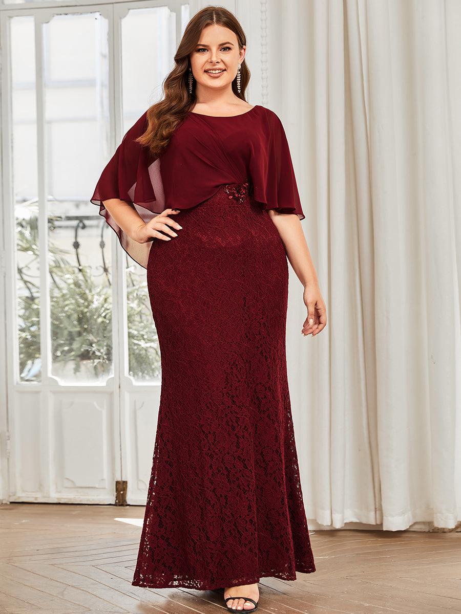 Robe de Mère de Mariée Ajustée et Évasée en Dentelle Capelet de Grande Taille #Couleur_Bordeaux