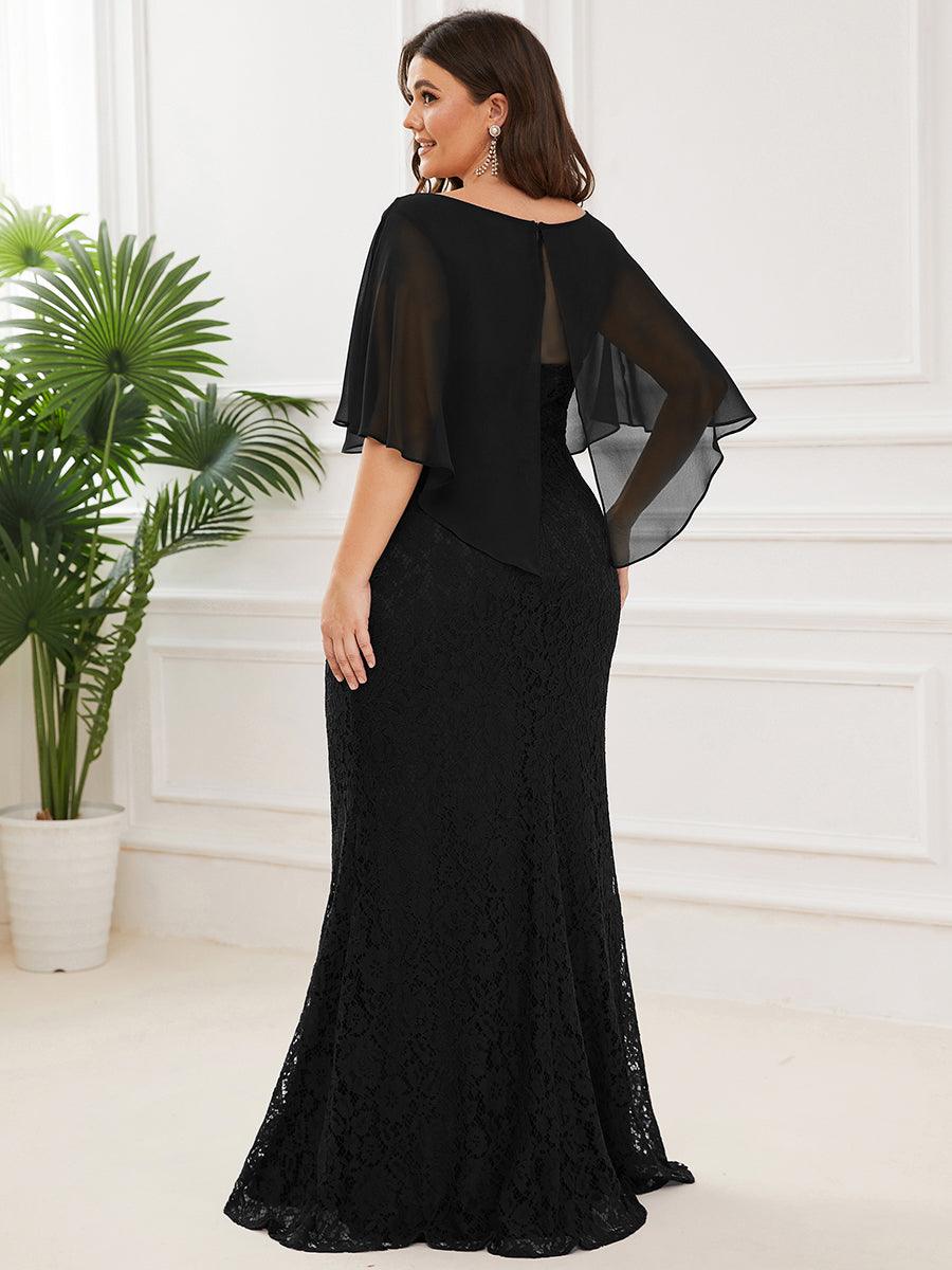 Robe de Mère de Mariée Ajustée et Évasée en Dentelle Capelet de Grande Taille #Couleur_Noir