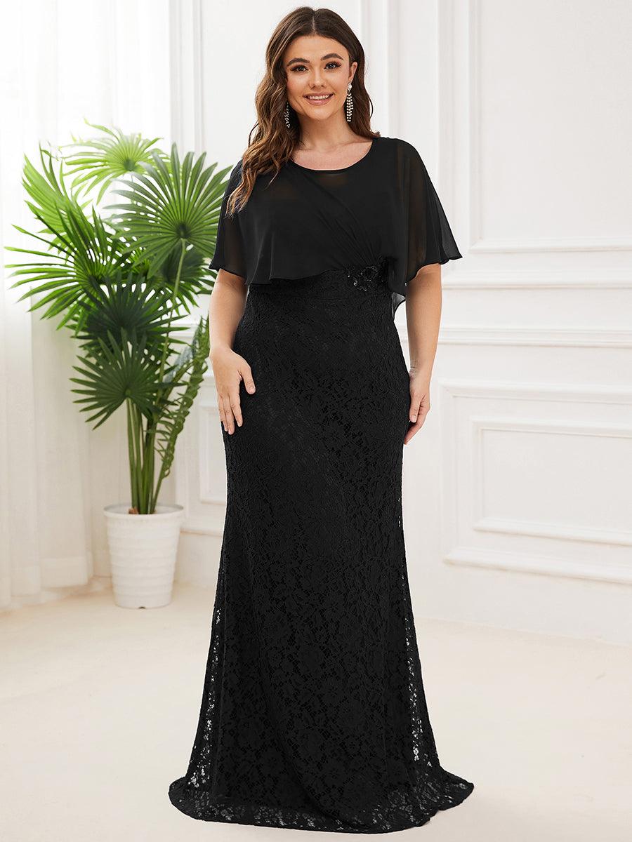 Robe de Mère de Mariée Ajustée et Évasée en Dentelle Capelet de Grande Taille #Couleur_Noir