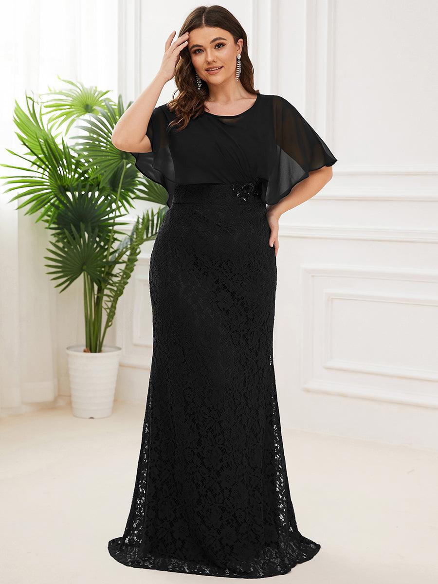 Robe de Mère de Mariée Ajustée et Évasée en Dentelle Capelet de Grande Taille #Couleur_Noir