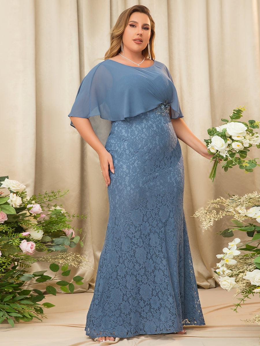 Robe de Mère de Mariée Ajustée et Évasée en Dentelle Capelet de Grande Taille #Couleur_Marine Fume