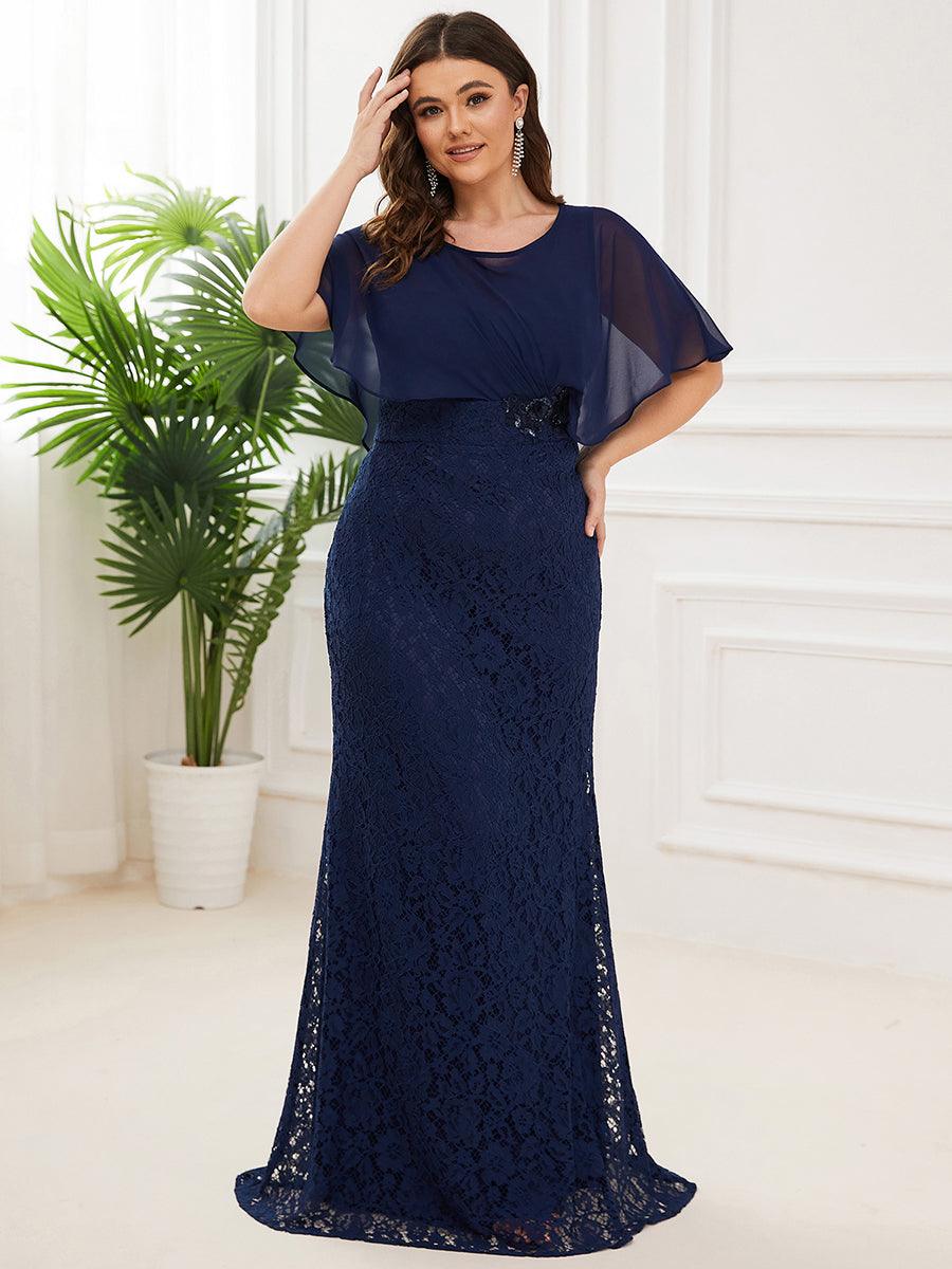 Robe de Mère de Mariée Ajustée et Évasée en Dentelle Capelet de Grande Taille #Couleur_Bleu Marine