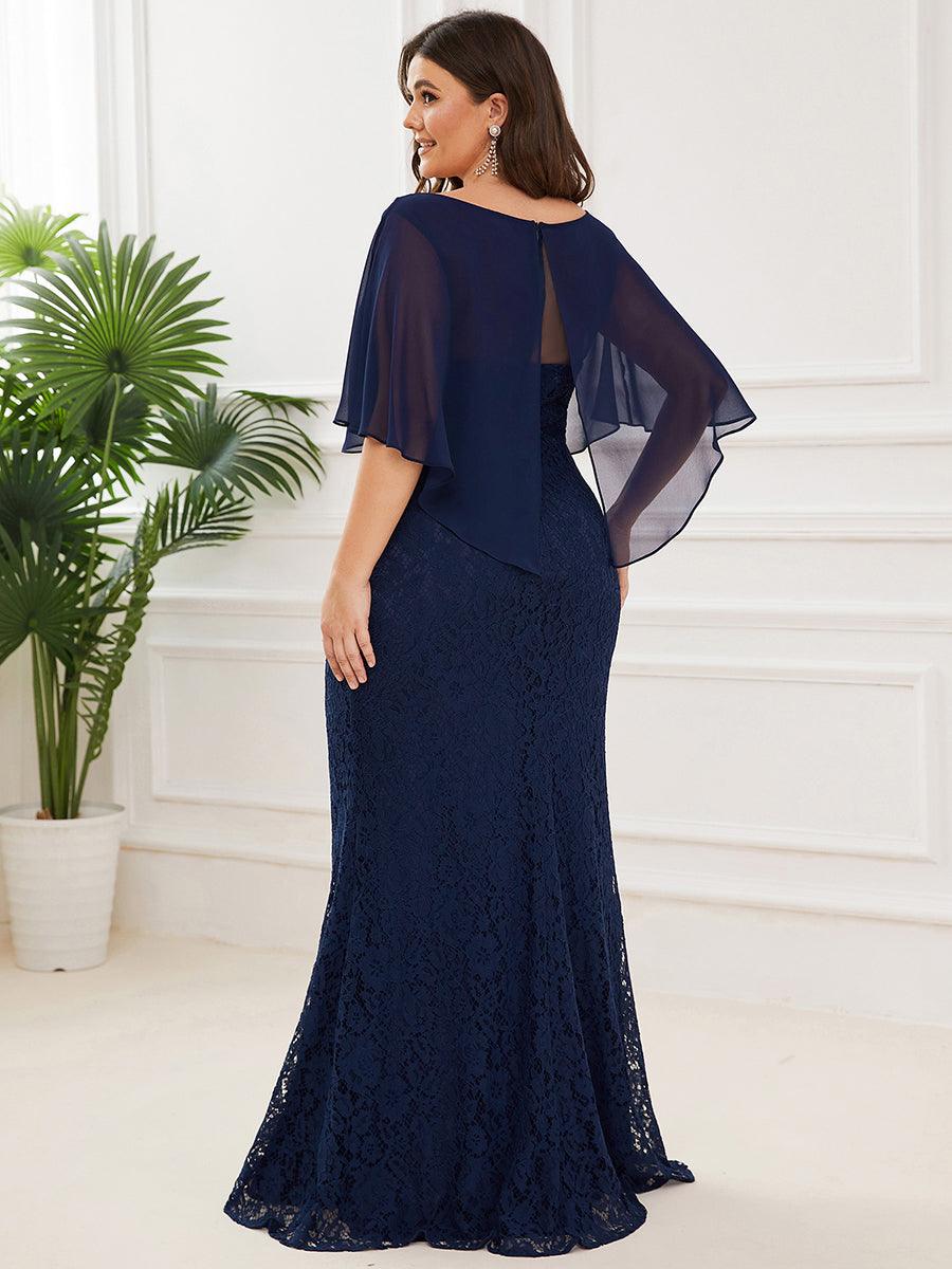 Robe de Mère de Mariée Ajustée et Évasée en Dentelle Capelet de Grande Taille #Couleur_Bleu Marine